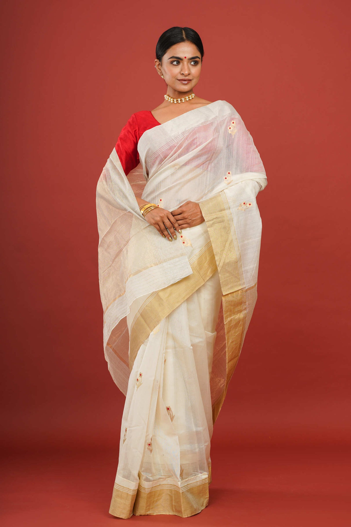 Printed Silk White Chanderi Saree with Golden Border