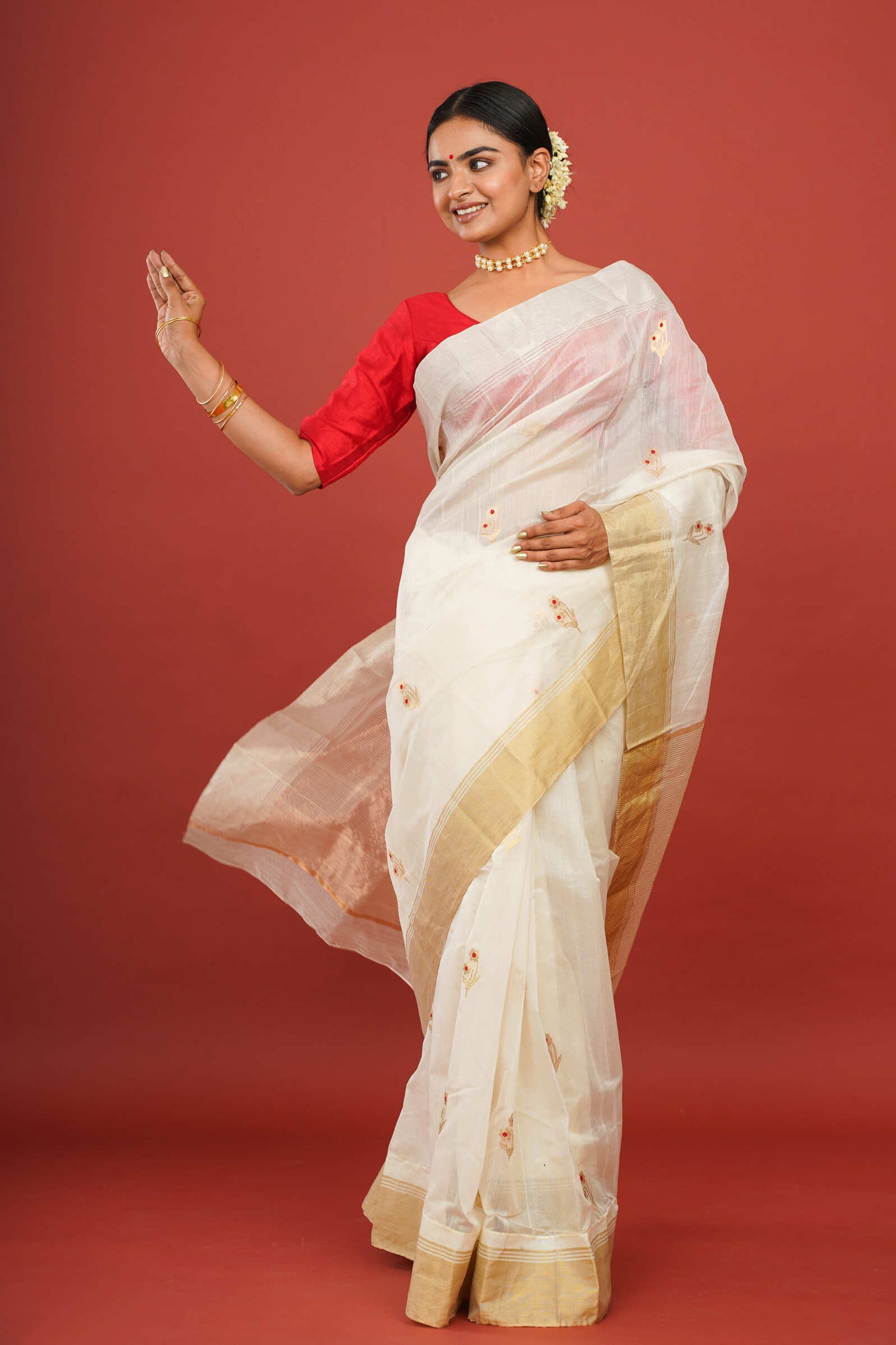 Printed Silk White Chanderi Saree with Golden Border
