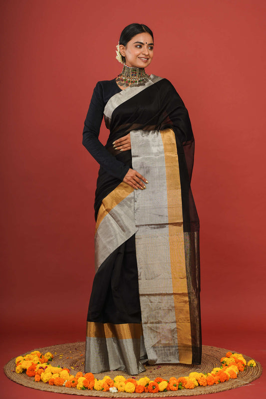 Elegant Cotton Silk Black Chanderi Saree