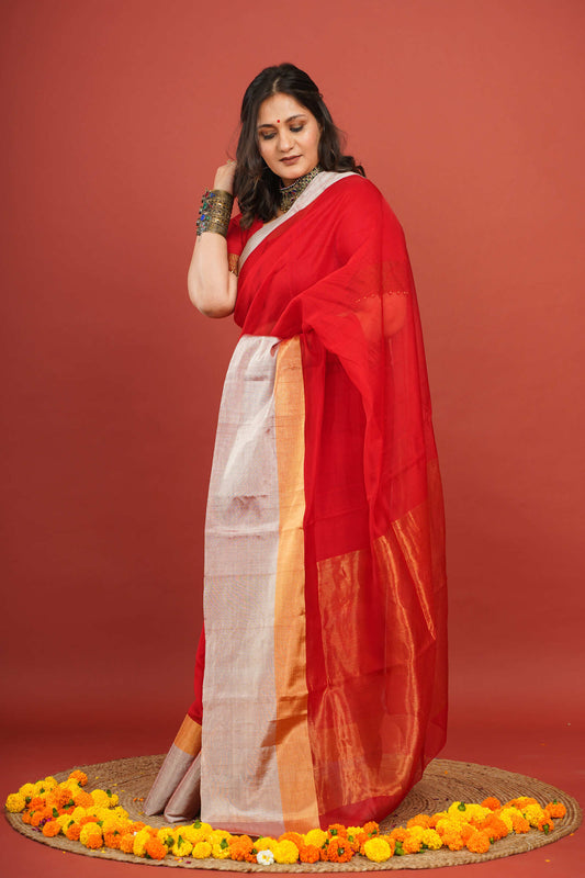 Vibrant Red Cotton Silk Chanderi Saree