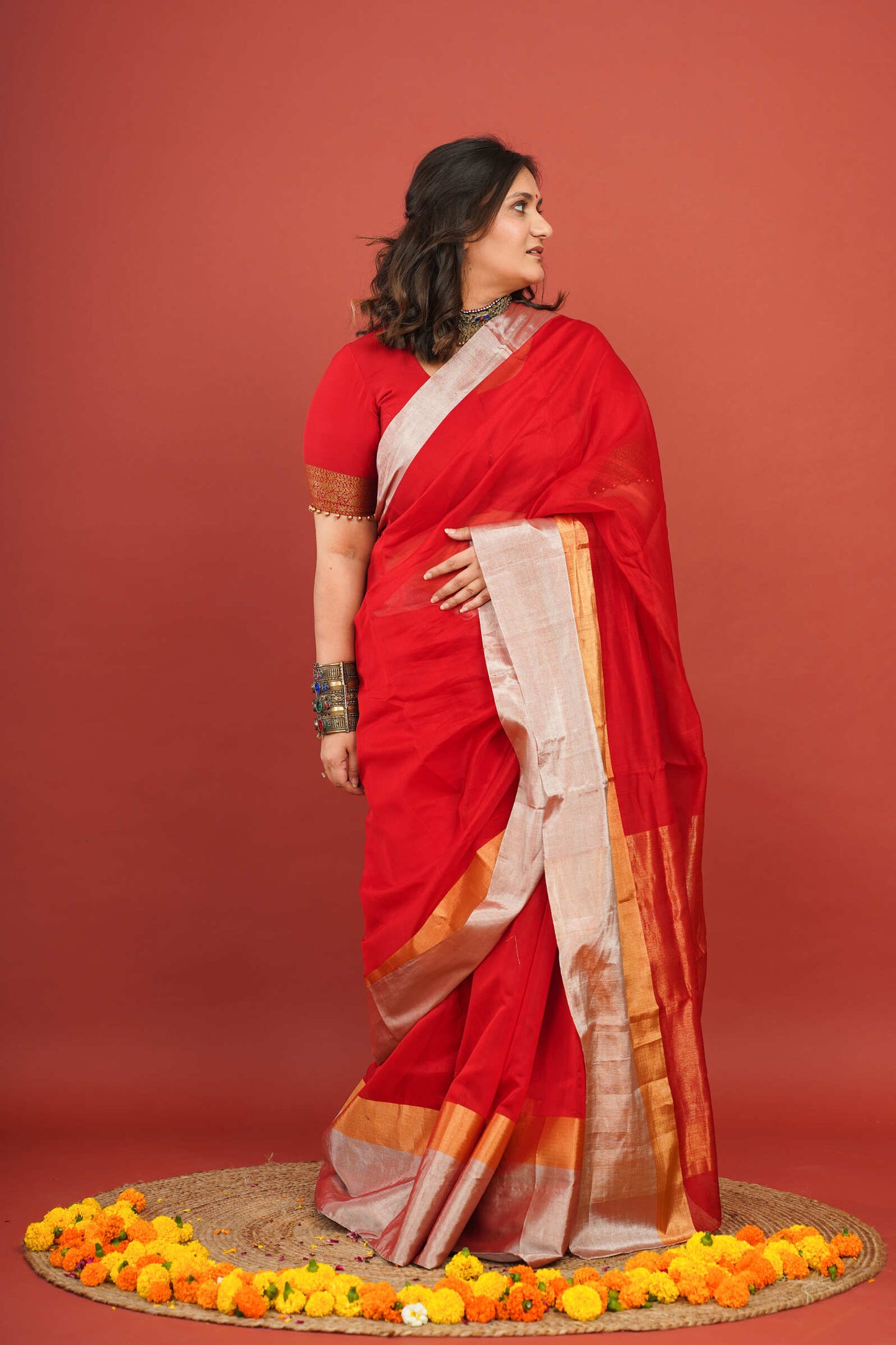Vibrant Red Cotton Silk Chanderi Saree