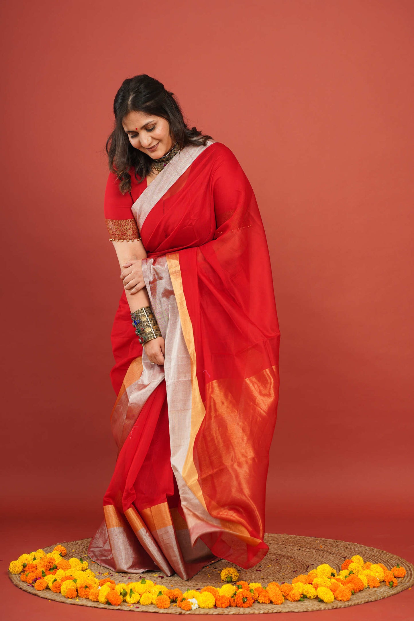 Vibrant Red Cotton Silk Chanderi Saree