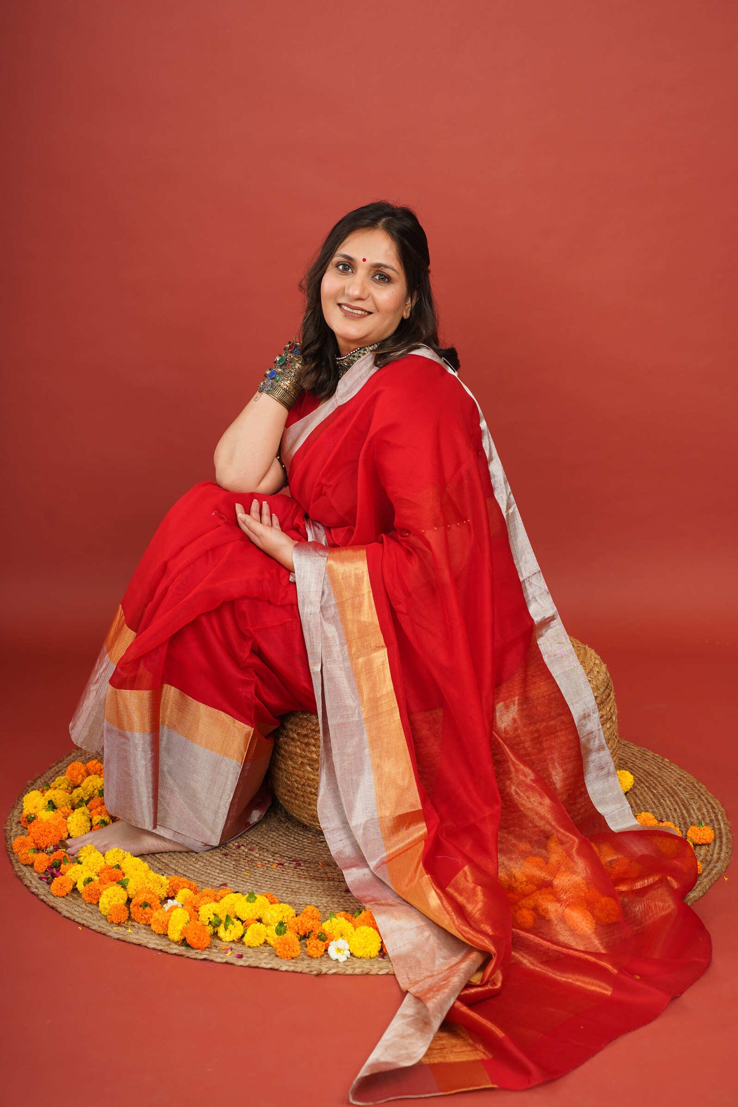 Vibrant Red Cotton Silk Chanderi Saree