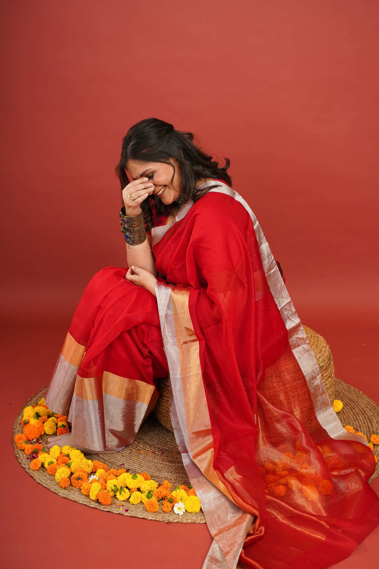 Vibrant Red Cotton Silk Chanderi Saree
