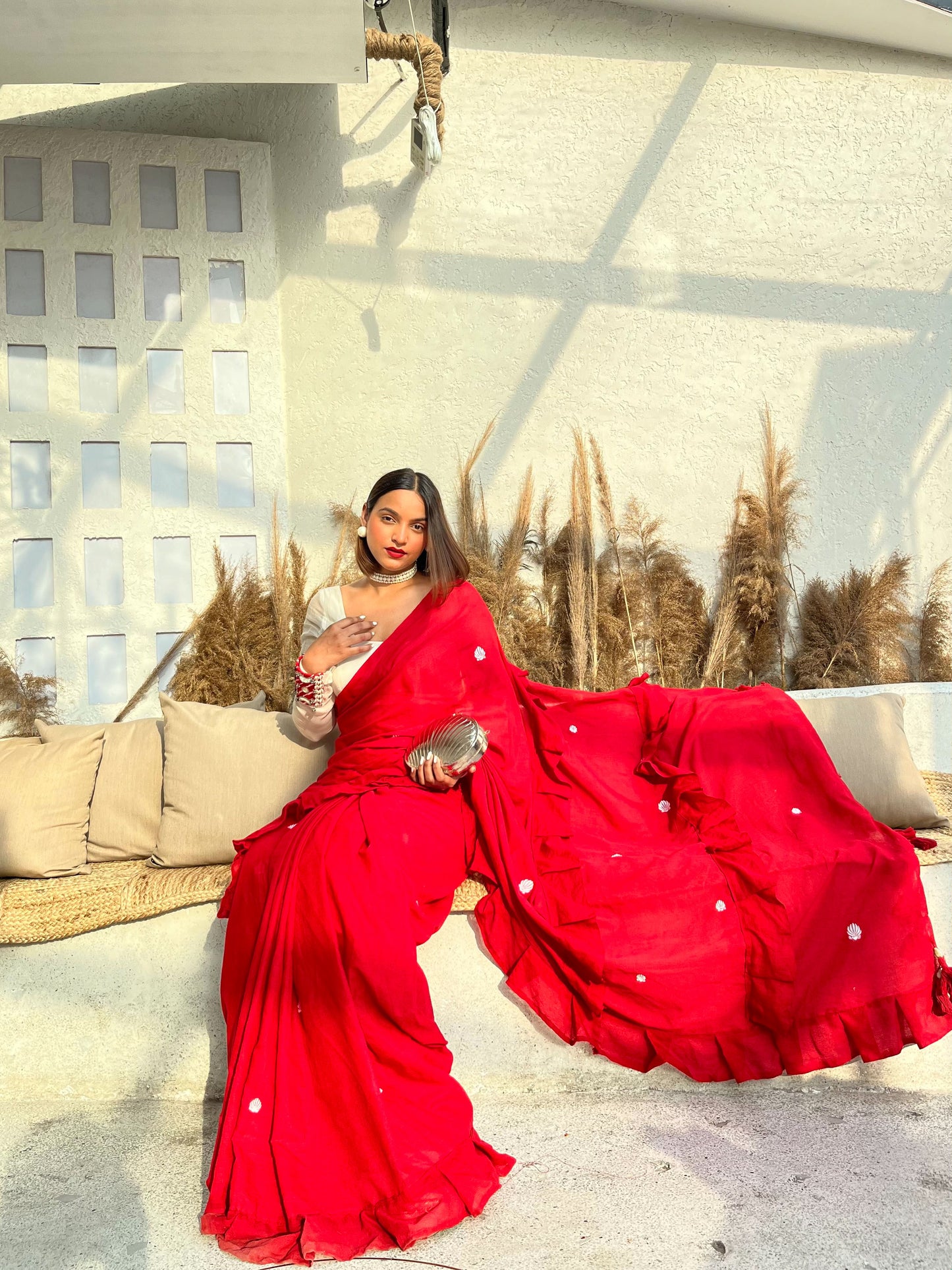 RED SHELL BOHEMIAN SAREE