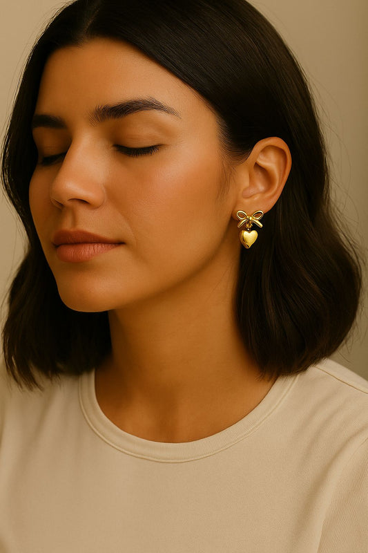 Golden Heart Bow Earrings – 22K Gold Plated